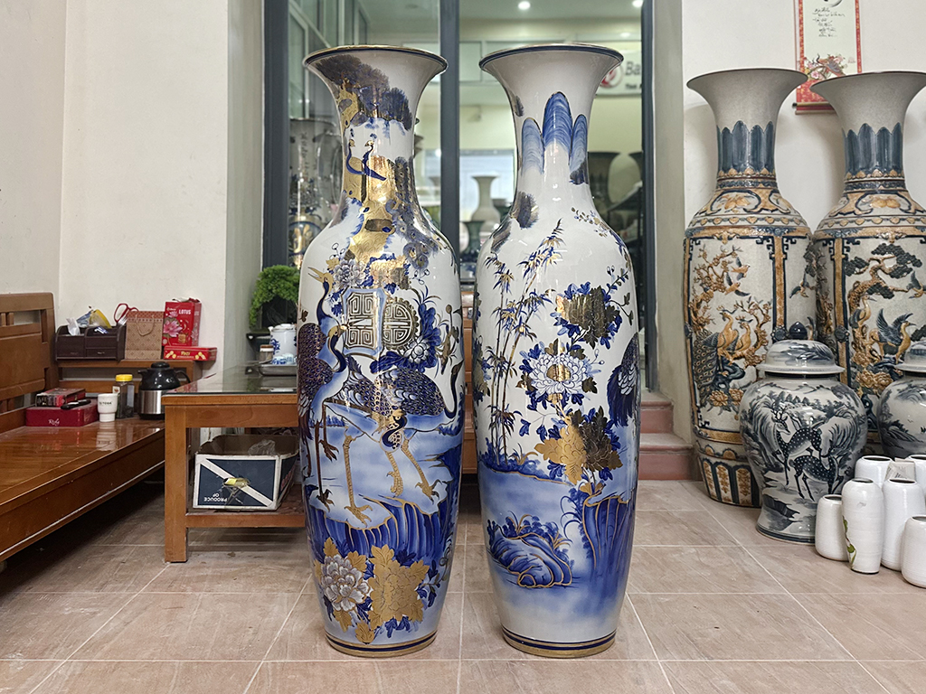 Lọ lộc bình Ngũ Phúc men lam vẽ vàng công nghệ nano 1m4 5